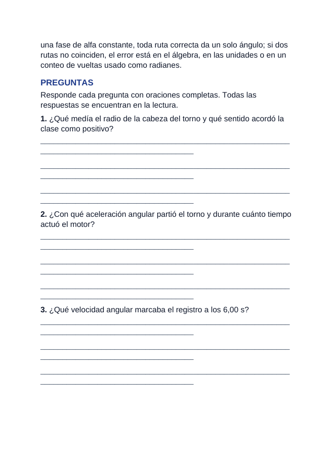 Rotational Kinematic Equations Spanish Reading Passage & Comprehension Questions sample page