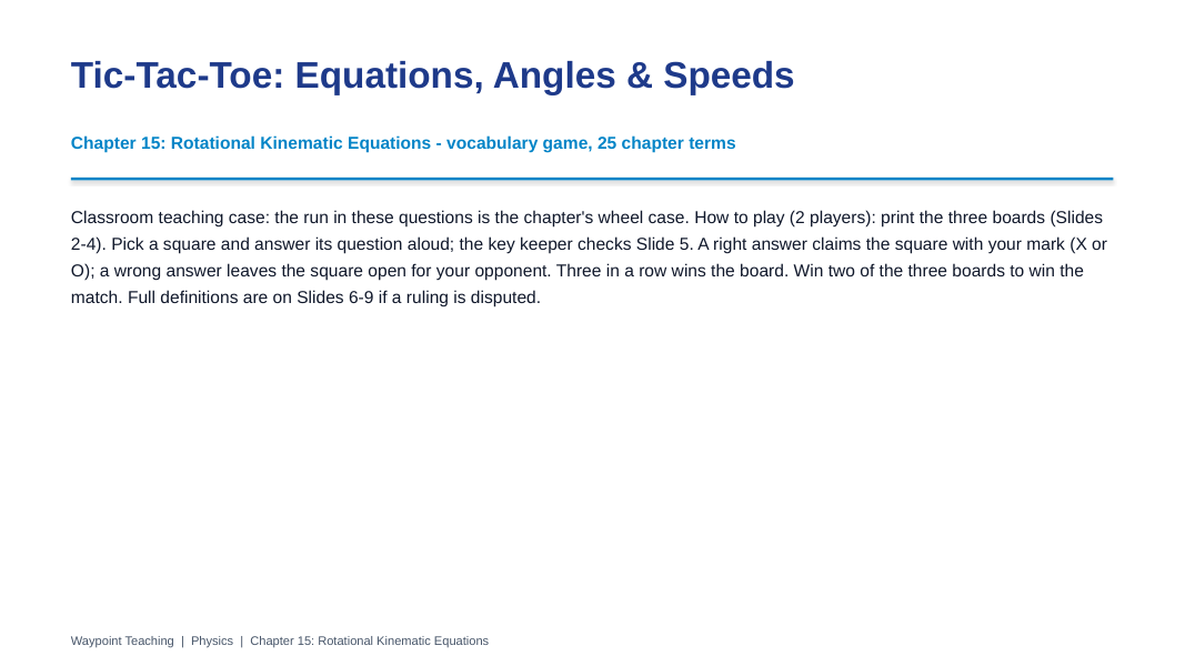 Rotational Kinematic Equations Tic-Tac-Toe Review Game sample page