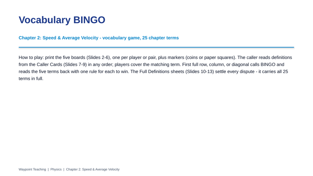 Speed & Average Velocity BINGO Review Game sample page