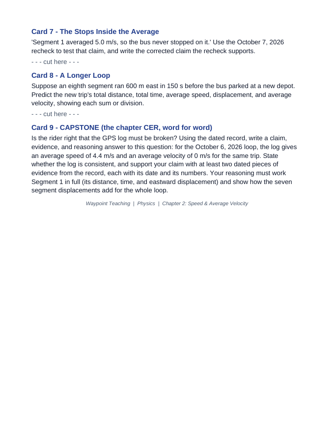 Speed & Average Velocity CER Task Cards sample page