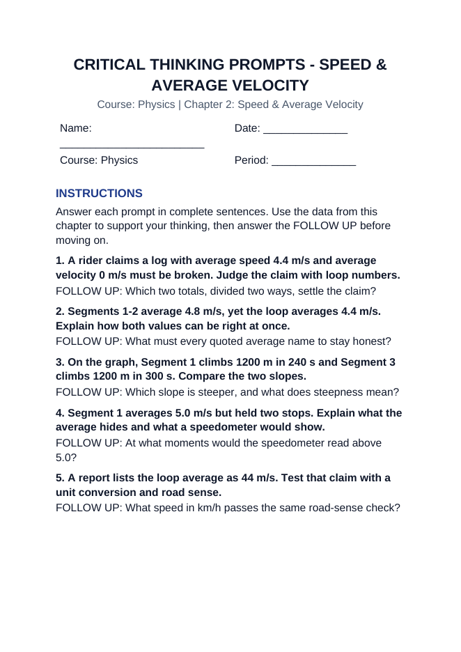 Speed & Average Velocity Critical Thinking Prompts sample page