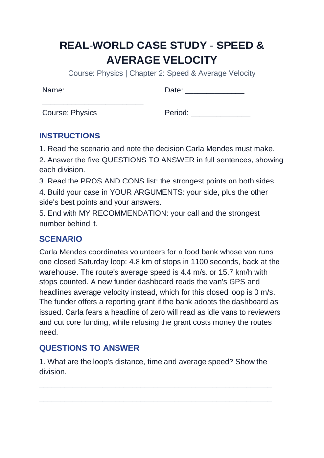 Speed & Average Velocity Real-World Case Study sample page