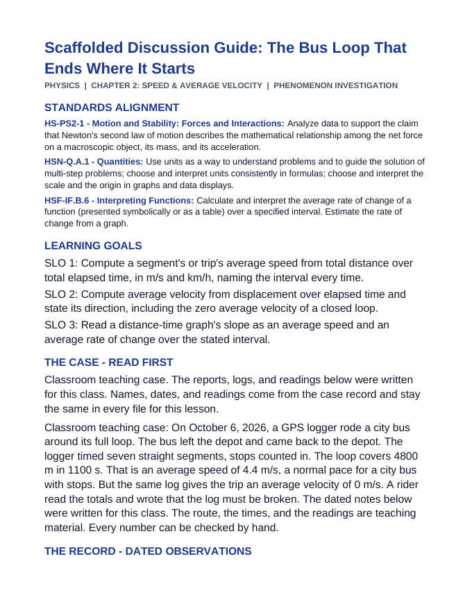 Speed & Average Velocity Scaffolded Phenomena-Based Lesson: The Bus Loop That Ends Where It Starts Teacher Discussion Guide sample page
