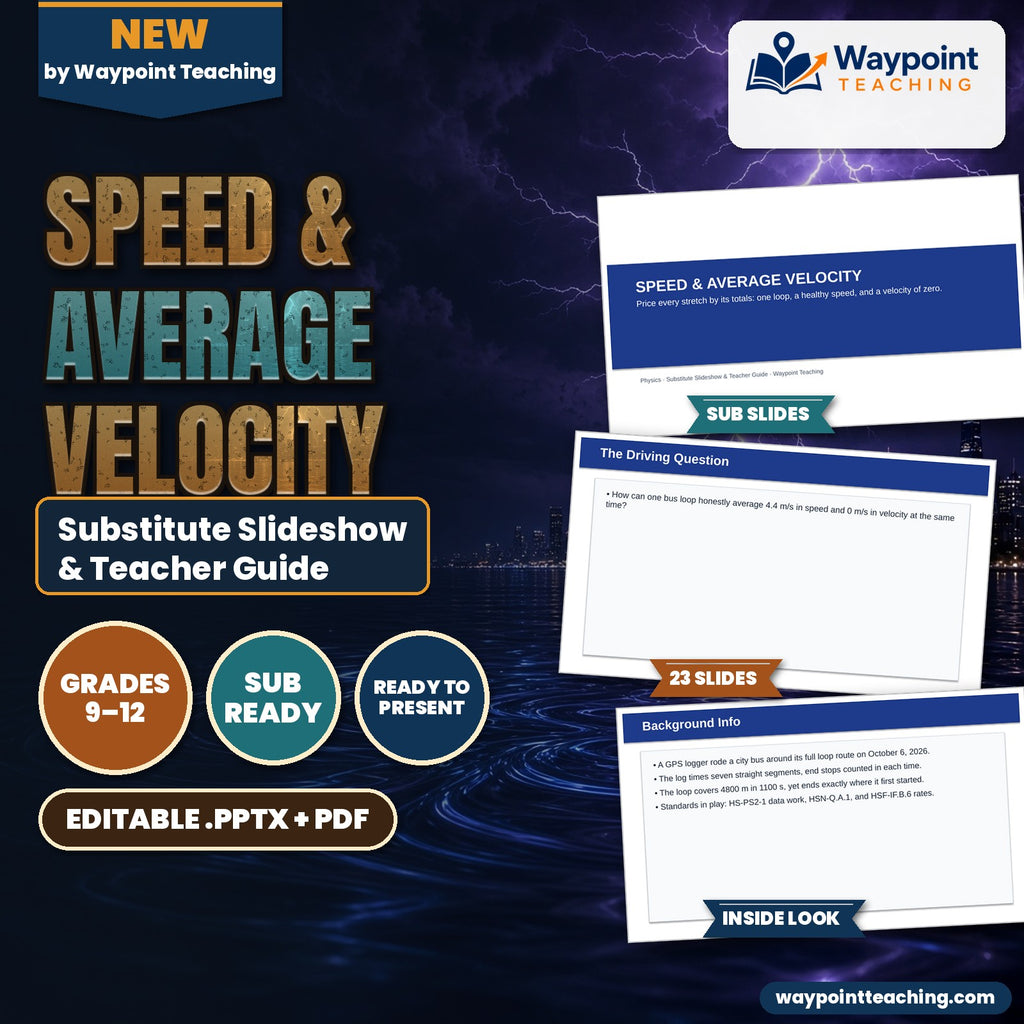 Speed & Average Velocity Substitute Slideshow & Teacher Guide cover