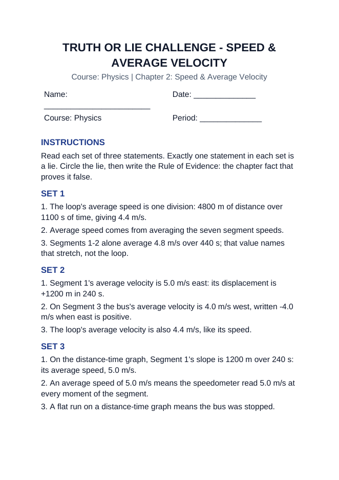 Speed & Average Velocity Truth or Lie Challenge sample page