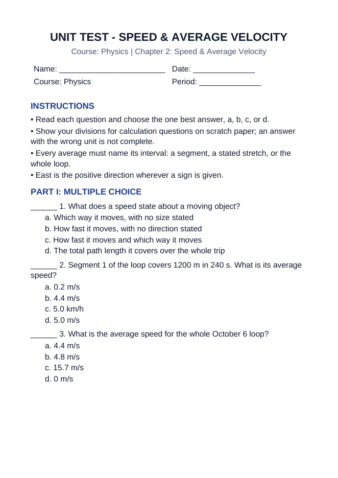 Speed & Average Velocity Unit Test sample page
