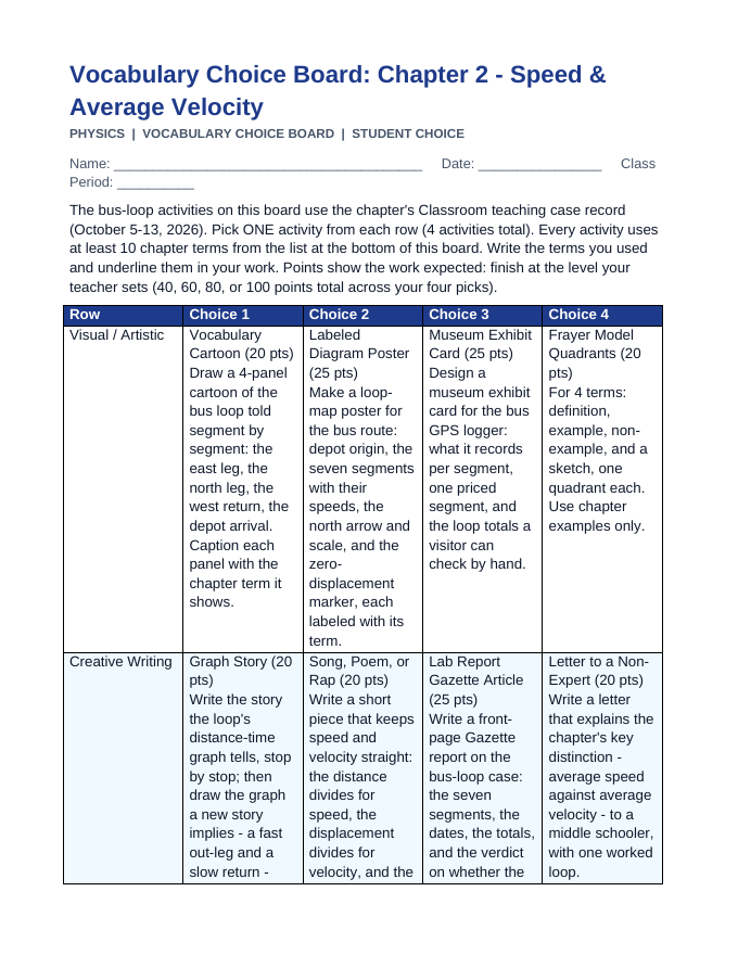 Speed & Average Velocity Vocabulary Choice Board sample page