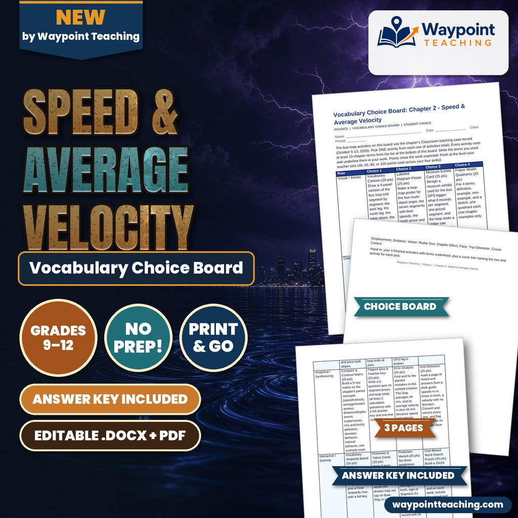 Speed & Average Velocity Vocabulary Choice Board cover