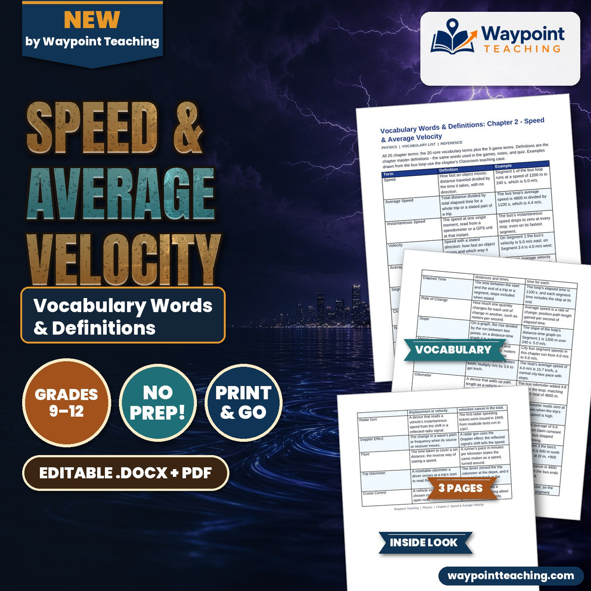 Speed & Average Velocity Vocabulary Words & Definitions cover