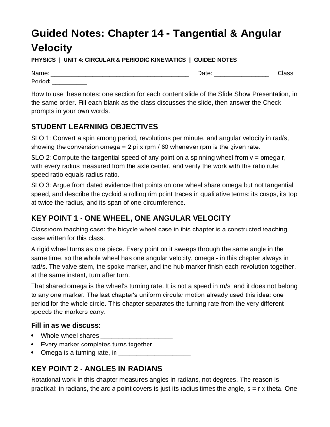 Tangential & Angular Velocity Guided Notes sample page