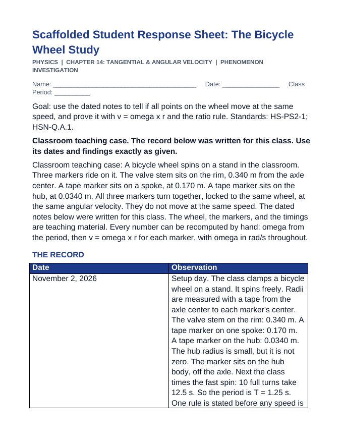 Tangential & Angular Velocity Scaffolded Phenomena-Based Lesson: The Bicycle Wheel Study Student Response Sheet sample page