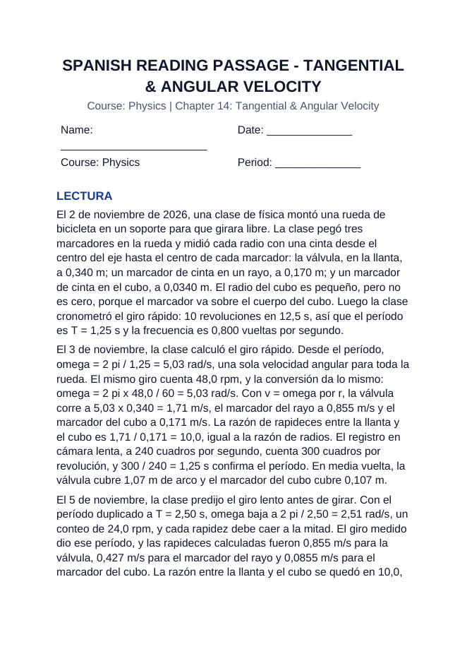 Tangential & Angular Velocity Spanish Reading Passage & Comprehension Questions sample page