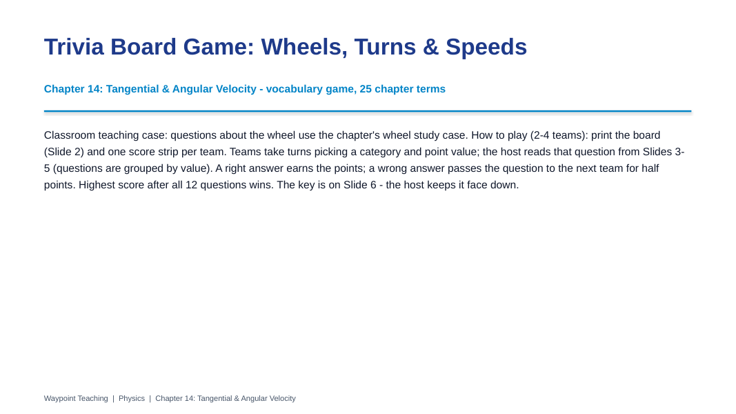 Tangential & Angular Velocity Trivia Board Game sample page