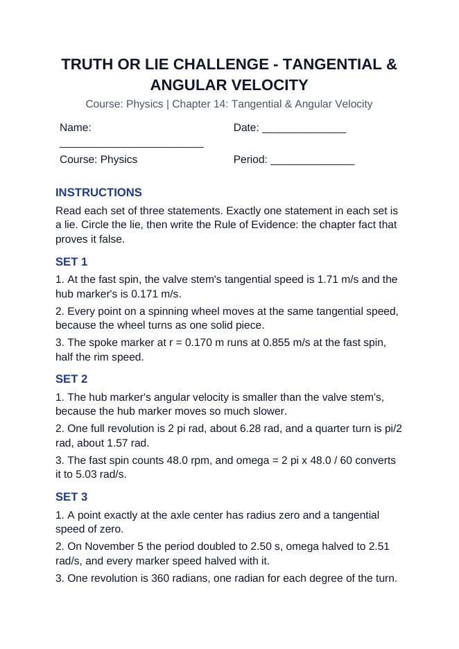Tangential & Angular Velocity Truth or Lie Challenge sample page