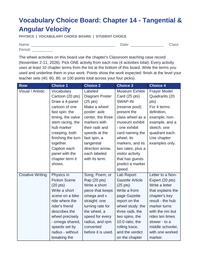 Tangential & Angular Velocity Vocabulary Choice Board sample page