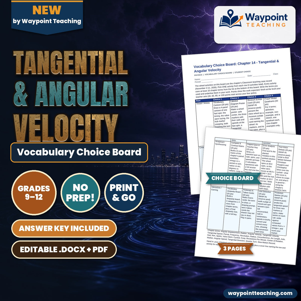 Tangential & Angular Velocity Vocabulary Choice Board cover