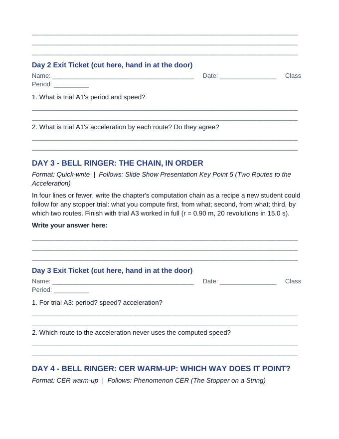 Uniform Circular Motion Bell Ringers & Exit Tickets sample page