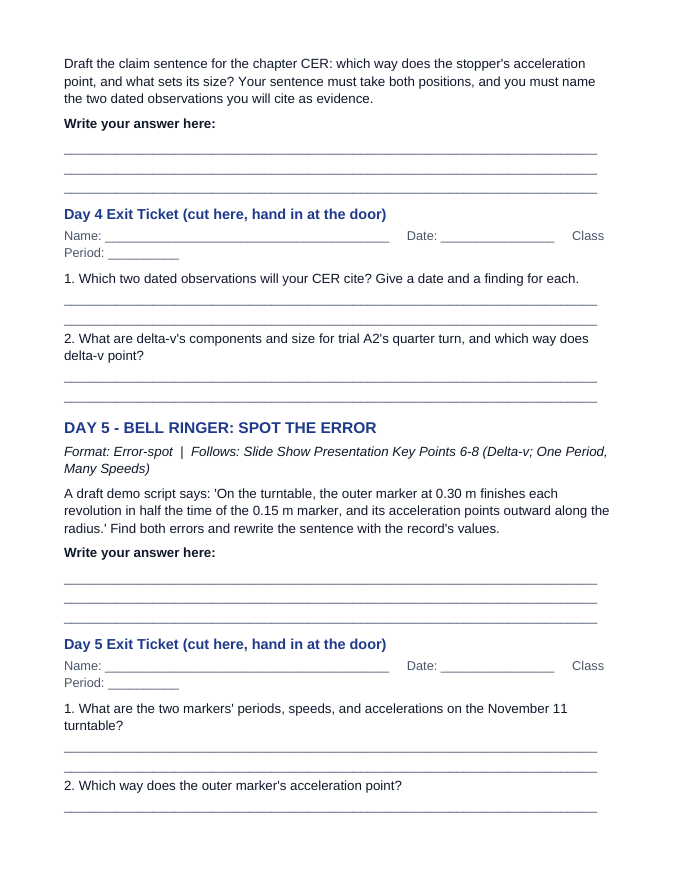 Uniform Circular Motion Bell Ringers & Exit Tickets sample page