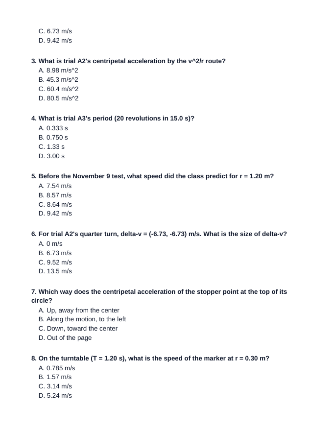 Uniform Circular Motion Lesson Quiz sample page