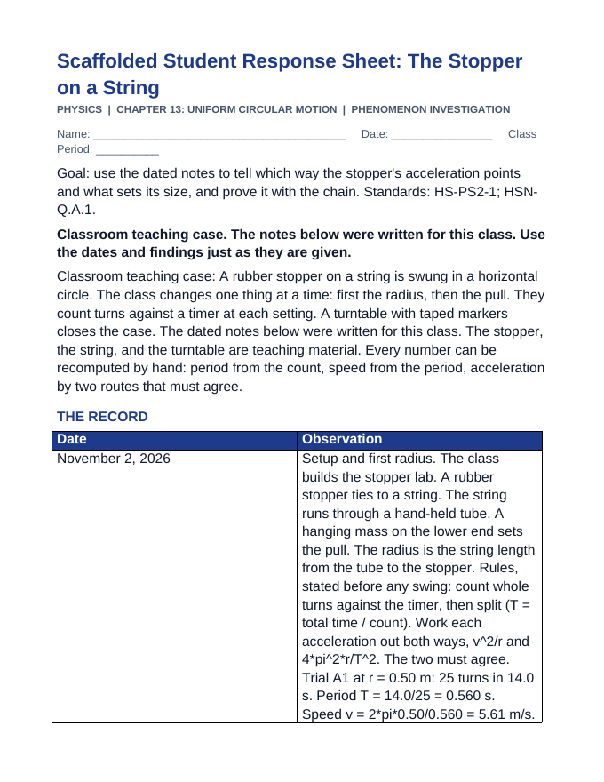 Uniform Circular Motion Scaffolded Phenomena-Based Lesson: The Stopper on a String Student Response Sheet sample page