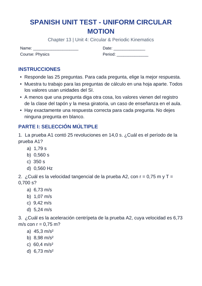 Uniform Circular Motion Spanish Unit Test sample page