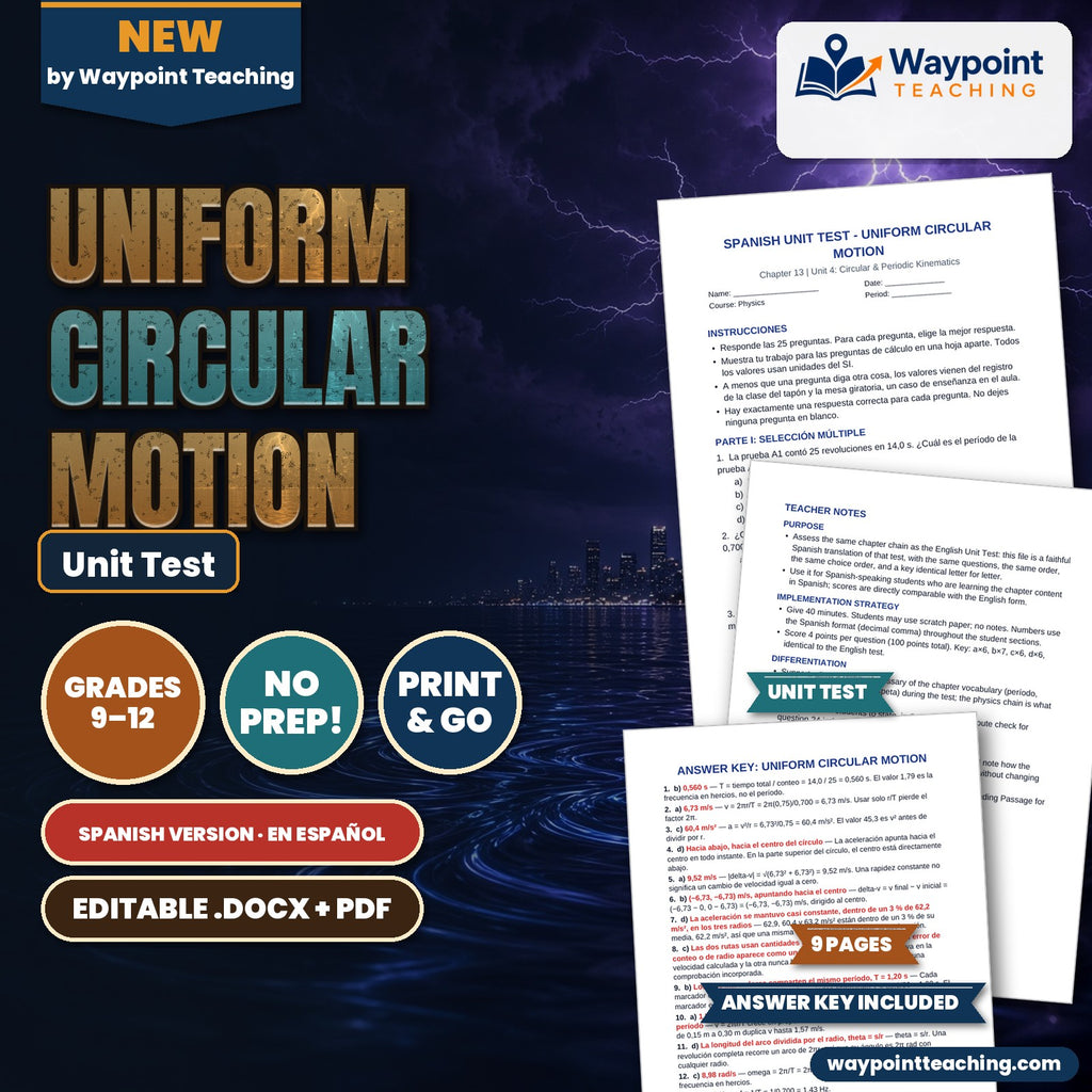 Uniform Circular Motion Spanish Unit Test cover