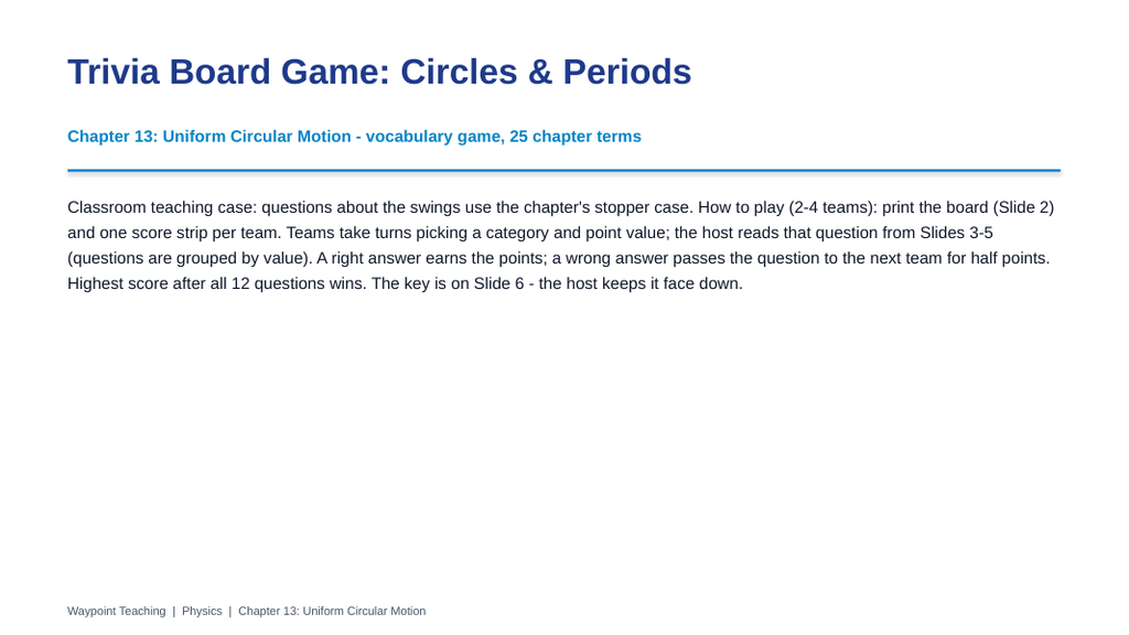 Uniform Circular Motion Trivia Board Game sample page