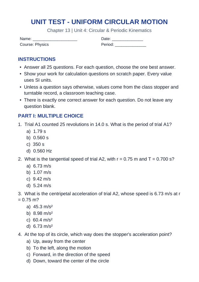 Uniform Circular Motion Unit Test sample page
