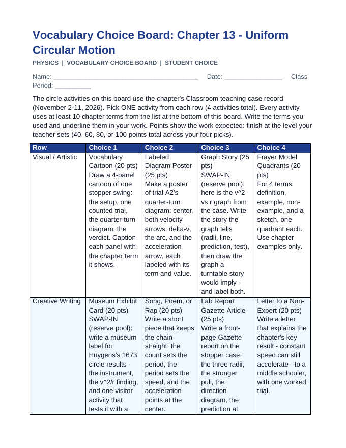 Uniform Circular Motion Vocabulary Choice Board sample page
