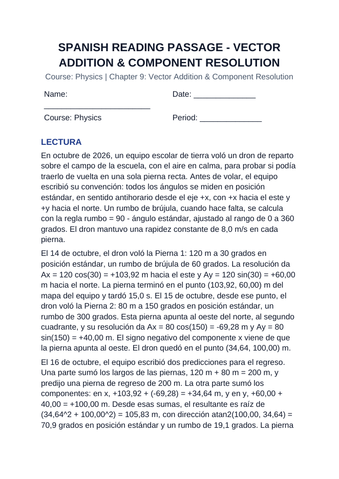 Vector Addition & Component Resolution Spanish Reading Passage & Comprehension Questions sample page