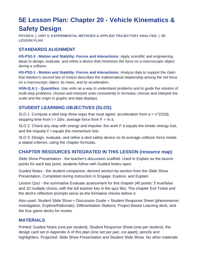 Vehicle Kinematics & Safety Design 5E Lesson Plan sample page