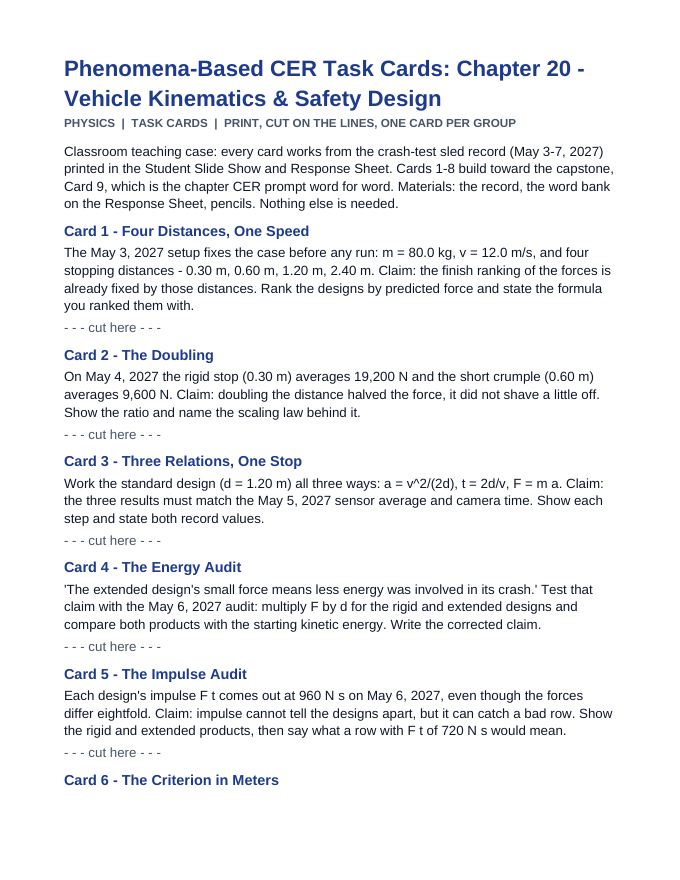 Vehicle Kinematics & Safety Design CER Task Cards sample page