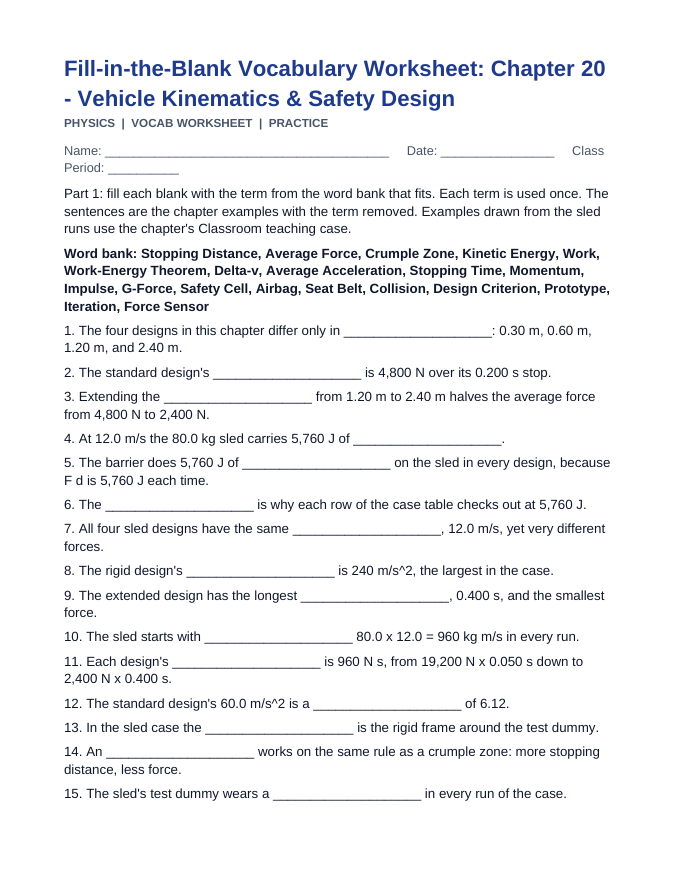 Vehicle Kinematics & Safety Design Fill-in-the-Blank Vocabulary Worksheet sample page