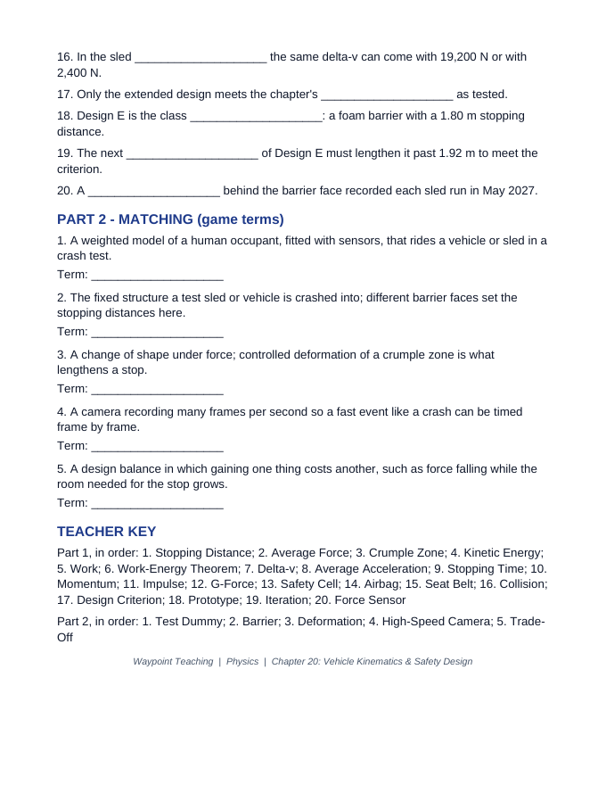 Vehicle Kinematics & Safety Design Fill-in-the-Blank Vocabulary Worksheet sample page