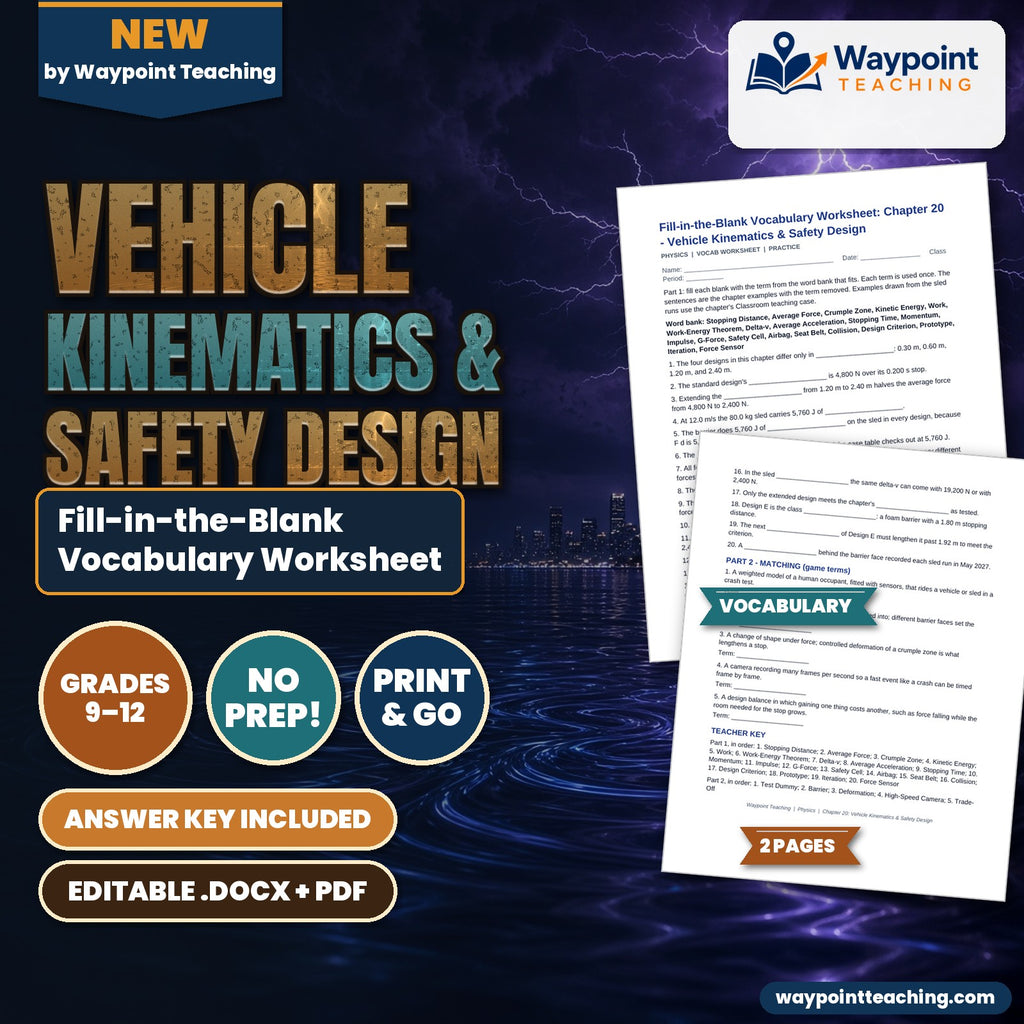 Vehicle Kinematics & Safety Design Fill-in-the-Blank Vocabulary Worksheet cover