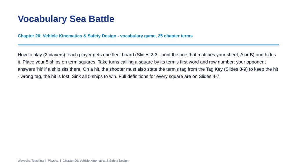Vehicle Kinematics & Safety Design Sea Battle Review Game sample page
