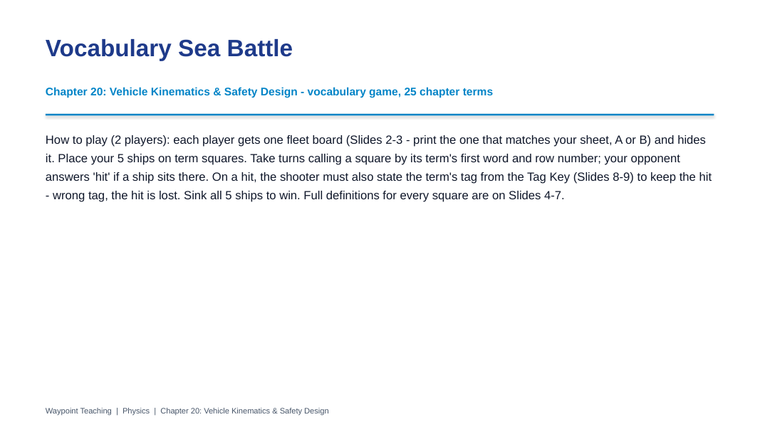 Vehicle Kinematics & Safety Design Sea Battle Review Game sample page