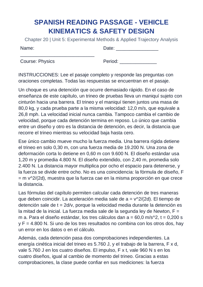Vehicle Kinematics & Safety Design Spanish Reading Passage & Comprehension Questions sample page