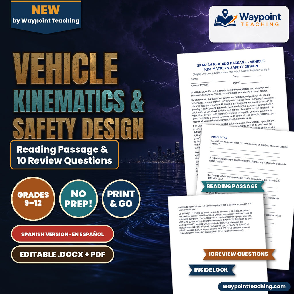 Vehicle Kinematics & Safety Design Spanish Reading Passage & Comprehension Questions cover