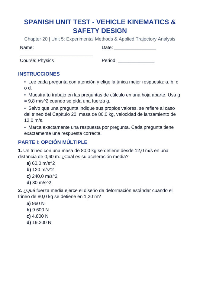 Vehicle Kinematics & Safety Design Spanish Unit Test sample page