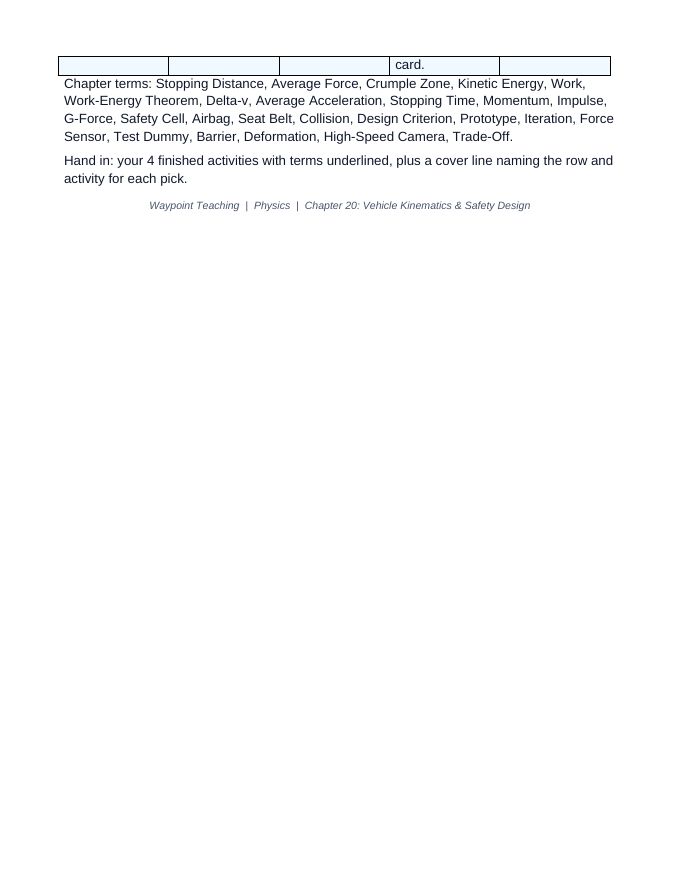 Vehicle Kinematics & Safety Design Vocabulary Choice Board sample page