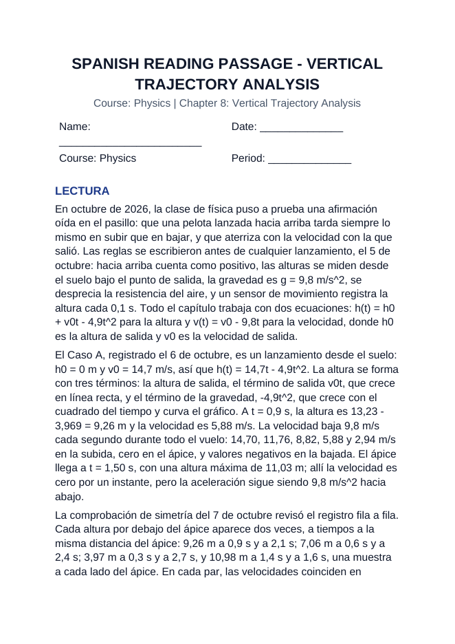 Vertical Trajectory Analysis Spanish Reading Passage & Comprehension Questions sample page