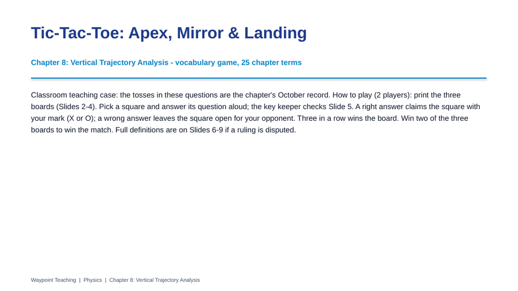 Vertical Trajectory Analysis Tic-Tac-Toe Review Game sample page
