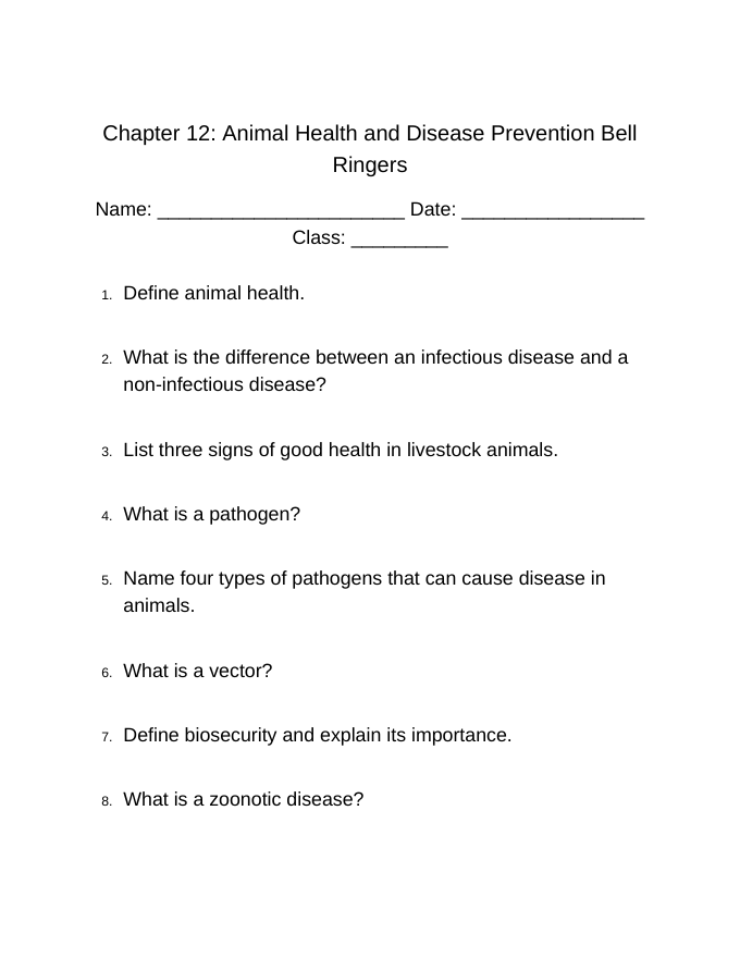 Animal Health & Disease Prevention Bell Ringers & Exit Tickets sample page
