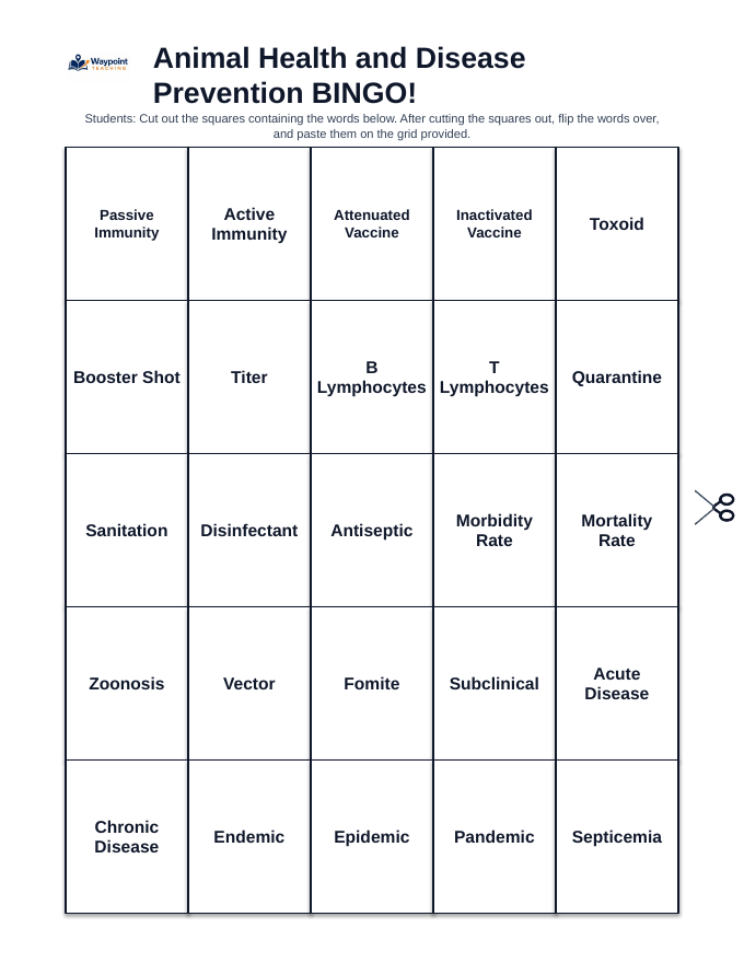 Animal Health & Disease Prevention BINGO Review Game sample page