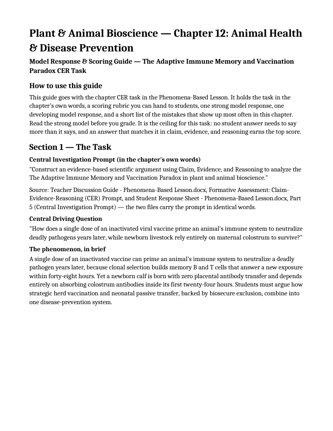 Animal Health & Disease Prevention Model Response & Scoring Guide sample page