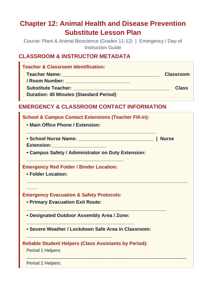 Animal Health & Disease Prevention Substitute Lesson Plan sample page