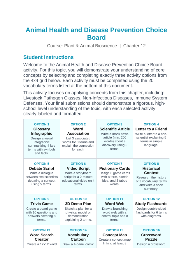 Animal Health & Disease Prevention Vocabulary Choice Board sample page