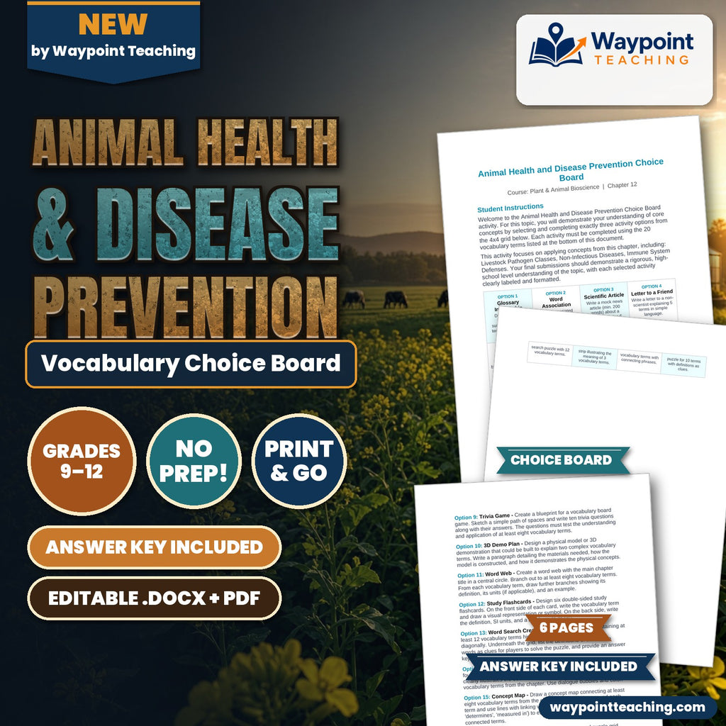 Animal Health & Disease Prevention Vocabulary Choice Board cover