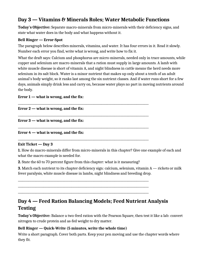 Animal Nutrition Fundamentals Bell Ringers & Exit Tickets sample page